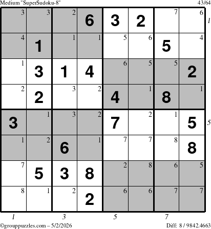 The grouppuzzles.com Medium SuperSudoku-8 puzzle for Saturday May 2, 2026 with all 8 steps marked