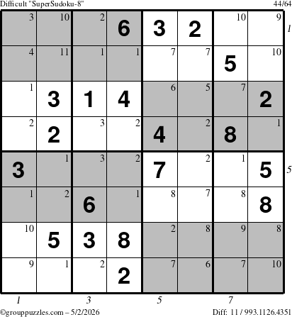 The grouppuzzles.com Difficult SuperSudoku-8 puzzle for Saturday May 2, 2026, suitable for printing, with all 11 steps marked