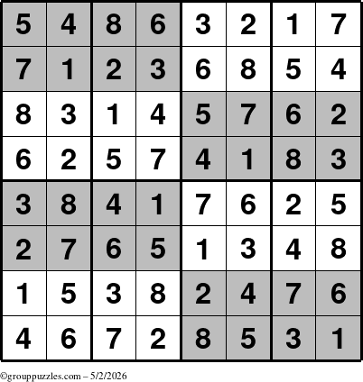 The grouppuzzles.com Answer grid for the SuperSudoku-8 puzzle for Saturday May 2, 2026