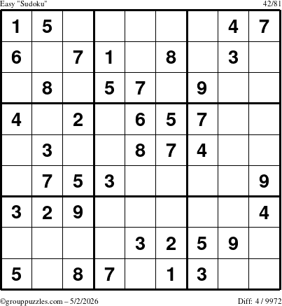 The grouppuzzles.com Easy Sudoku puzzle for Saturday May 2, 2026
