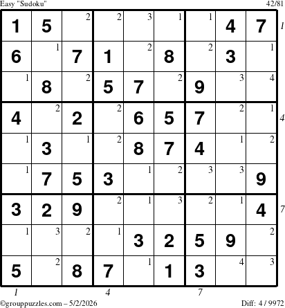 The grouppuzzles.com Easy Sudoku puzzle for Saturday May 2, 2026, suitable for printing, with all 4 steps marked