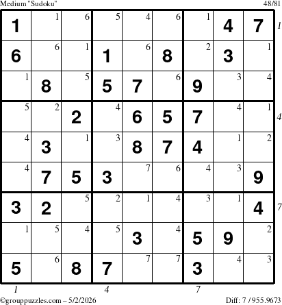 The grouppuzzles.com Medium Sudoku puzzle for Saturday May 2, 2026, suitable for printing, with all 7 steps marked