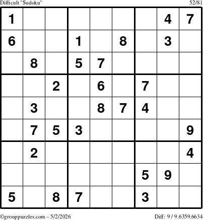 The grouppuzzles.com Difficult Sudoku puzzle for Saturday May 2, 2026