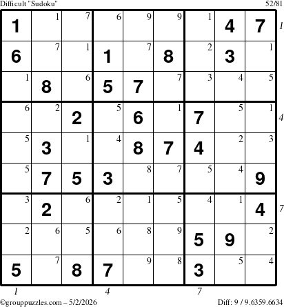 The grouppuzzles.com Difficult Sudoku puzzle for Saturday May 2, 2026, suitable for printing, with all 9 steps marked