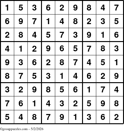 The grouppuzzles.com Answer grid for the Sudoku puzzle for Saturday May 2, 2026