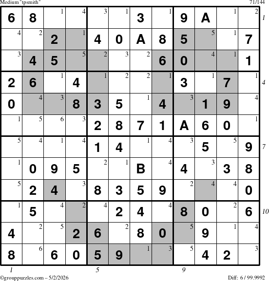 The grouppuzzles.com Medium tpsmith puzzle for Saturday May 2, 2026 with all 6 steps marked