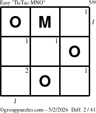 The grouppuzzles.com Easy TicTac-MNO puzzle for Saturday May 2, 2026, suitable for printing, with all 2 steps marked