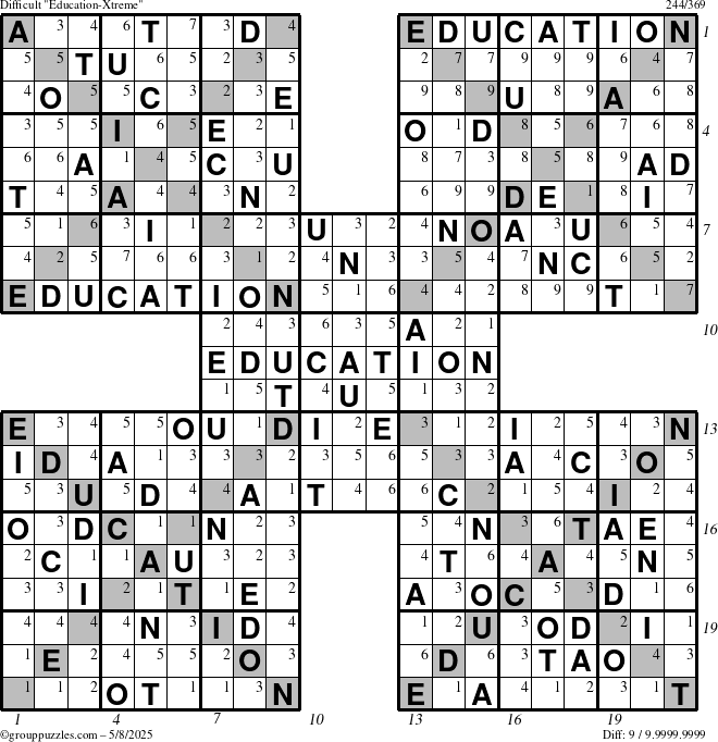 The grouppuzzles.com Difficult Education-Xtreme puzzle for Thursday May 8, 2025, suitable for printing, with all 9 steps marked