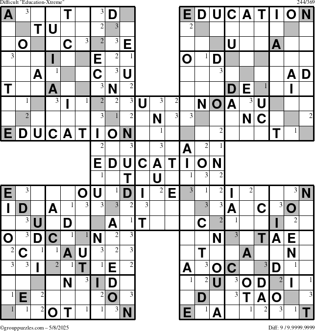 The grouppuzzles.com Difficult Education-Xtreme puzzle for Thursday May 8, 2025 with the first 3 steps marked
