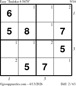 The grouppuzzles.com Easy Sudoku-4-5678 puzzle for Monday April 13, 2026 with all 2 steps marked