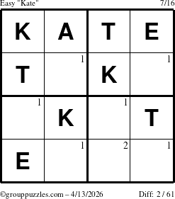 The grouppuzzles.com Easy Kate puzzle for Monday April 13, 2026 with the first 2 steps marked