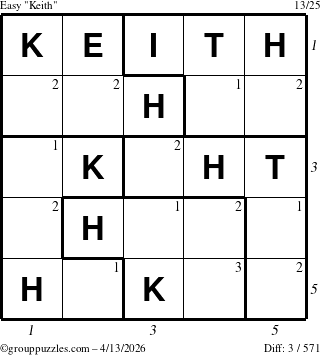 The grouppuzzles.com Easy Keith puzzle for Monday April 13, 2026, suitable for printing, with all 3 steps marked