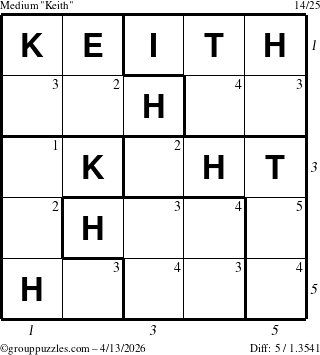 The grouppuzzles.com Medium Keith puzzle for Monday April 13, 2026 with all 5 steps marked