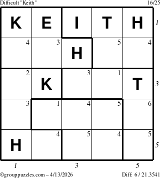 The grouppuzzles.com Difficult Keith puzzle for Monday April 13, 2026, suitable for printing, with all 6 steps marked