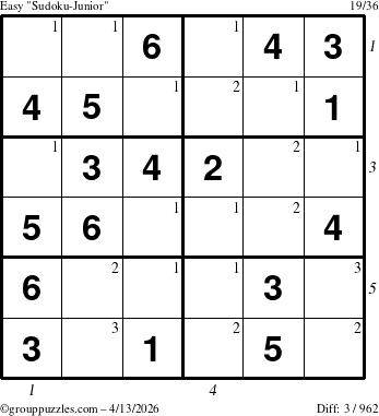 The grouppuzzles.com Easy Sudoku-Junior puzzle for Monday April 13, 2026 with all 3 steps marked