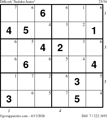 The grouppuzzles.com Difficult Sudoku-Junior puzzle for Monday April 13, 2026, suitable for printing, with all 7 steps marked
