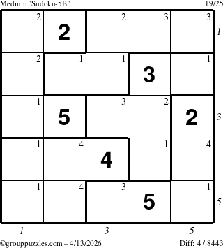 The grouppuzzles.com Medium Sudoku-5B puzzle for Monday April 13, 2026, suitable for printing, with all 4 steps marked
