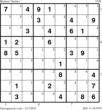 The grouppuzzles.com Medium Sudoku puzzle for Monday April 13, 2026, suitable for printing, with all 6 steps marked