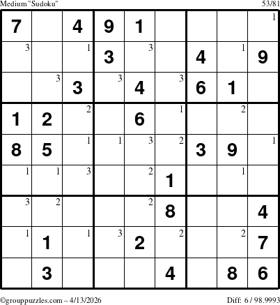 The grouppuzzles.com Medium Sudoku puzzle for Monday April 13, 2026 with the first 3 steps marked