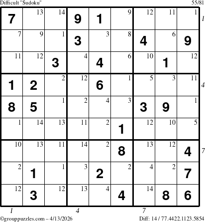 The grouppuzzles.com Difficult Sudoku puzzle for Monday April 13, 2026 with all 14 steps marked