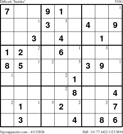 The grouppuzzles.com Difficult Sudoku puzzle for Monday April 13, 2026 with the first 3 steps marked