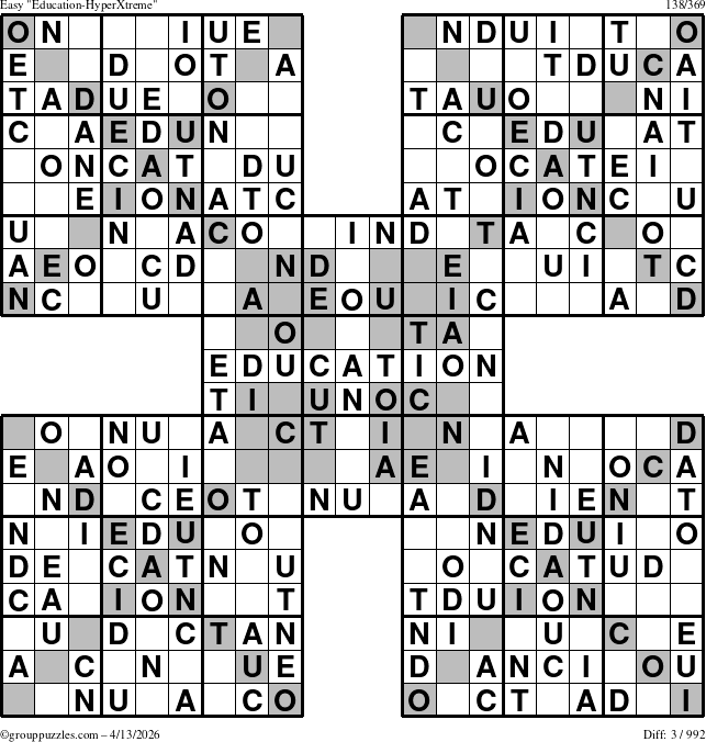 The grouppuzzles.com Easy Education-HyperXtreme puzzle for Monday April 13, 2026