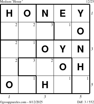 The grouppuzzles.com Medium Honey puzzle for Tuesday August 12, 2025, suitable for printing, with all 3 steps marked