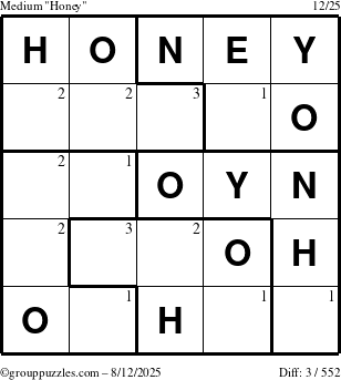 The grouppuzzles.com Medium Honey puzzle for Tuesday August 12, 2025 with the first 3 steps marked