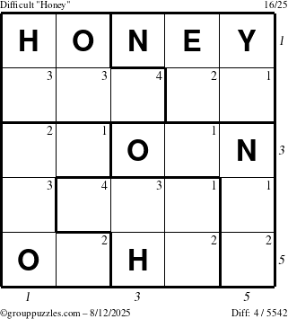 The grouppuzzles.com Difficult Honey puzzle for Tuesday August 12, 2025 with all 4 steps marked