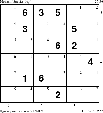 The grouppuzzles.com Medium Sudoku-6up puzzle for Tuesday August 12, 2025, suitable for printing, with all 6 steps marked