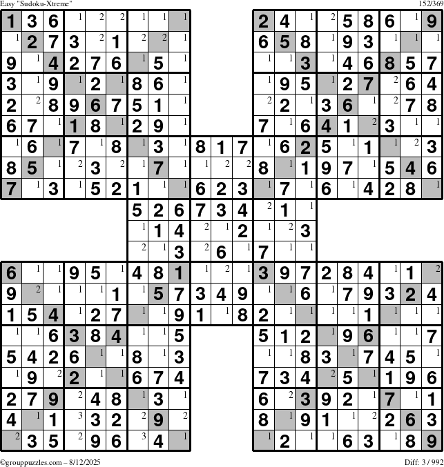 The grouppuzzles.com Easy Sudoku-Xtreme puzzle for Tuesday August 12, 2025 with the first 3 steps marked