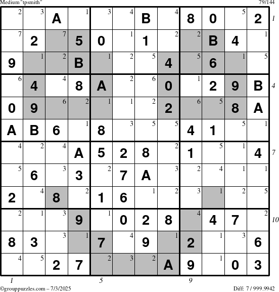 The grouppuzzles.com Medium tpsmith puzzle for Thursday July 3, 2025, suitable for printing, with all 7 steps marked