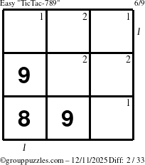 The grouppuzzles.com Easy TicTac-789 puzzle for Thursday December 11, 2025 with all 2 steps marked