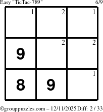The grouppuzzles.com Easy TicTac-789 puzzle for Thursday December 11, 2025 with the first 2 steps marked