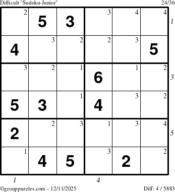The grouppuzzles.com Difficult Sudoku-Junior puzzle for Thursday December 11, 2025, suitable for printing, with all 4 steps marked
