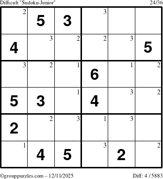 The grouppuzzles.com Difficult Sudoku-Junior puzzle for Thursday December 11, 2025 with the first 3 steps marked