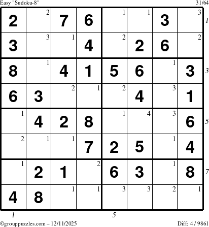 The grouppuzzles.com Easy Sudoku-8 puzzle for Thursday December 11, 2025 with all 4 steps marked