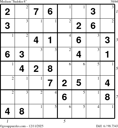 The grouppuzzles.com Medium Sudoku-8 puzzle for Thursday December 11, 2025, suitable for printing, with all 6 steps marked