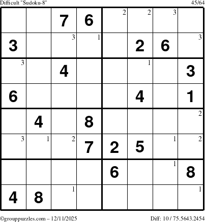 The grouppuzzles.com Difficult Sudoku-8 puzzle for Thursday December 11, 2025 with the first 3 steps marked