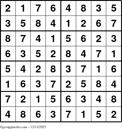 The grouppuzzles.com Answer grid for the Sudoku-8 puzzle for Thursday December 11, 2025