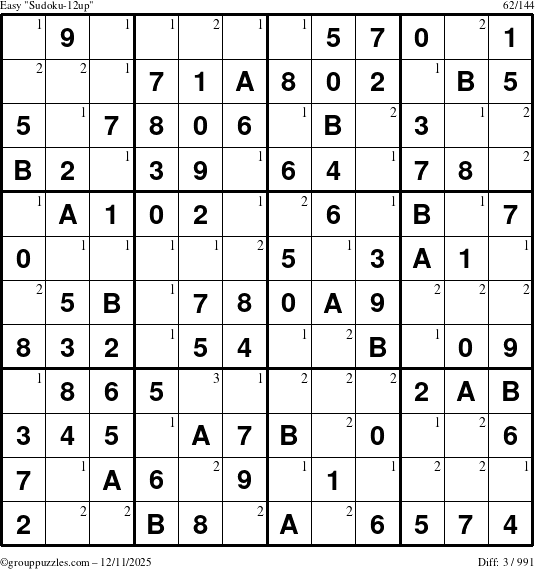 The grouppuzzles.com Easy Sudoku-12up puzzle for Thursday December 11, 2025 with the first 3 steps marked