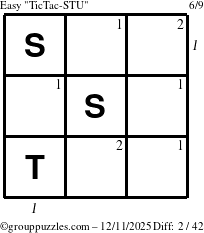 The grouppuzzles.com Easy TicTac-STU puzzle for Thursday December 11, 2025, suitable for printing, with all 2 steps marked