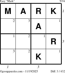 The grouppuzzles.com Easy Mark puzzle for Wednesday November 19, 2025, suitable for printing, with all 3 steps marked