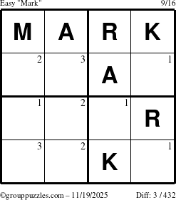 The grouppuzzles.com Easy Mark puzzle for Wednesday November 19, 2025 with the first 3 steps marked