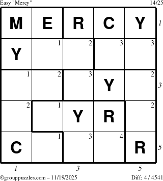 The grouppuzzles.com Easy Mercy puzzle for Wednesday November 19, 2025, suitable for printing, with all 4 steps marked