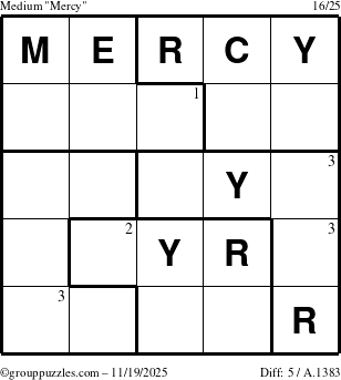 The grouppuzzles.com Medium Mercy puzzle for Wednesday November 19, 2025 with the first 3 steps marked