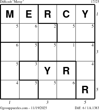 The grouppuzzles.com Difficult Mercy puzzle for Wednesday November 19, 2025, suitable for printing, with all 6 steps marked