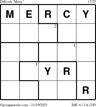 The grouppuzzles.com Difficult Mercy puzzle for Wednesday November 19, 2025 with the first 3 steps marked