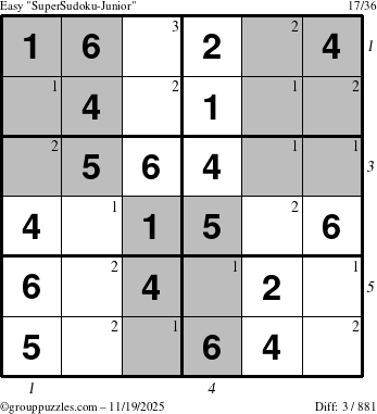 The grouppuzzles.com Easy SuperSudoku-Junior puzzle for Wednesday November 19, 2025 with all 3 steps marked