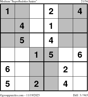 The grouppuzzles.com Medium SuperSudoku-Junior puzzle for Wednesday November 19, 2025